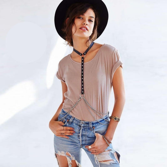 Черен кожен харнес със синджири AA-700905