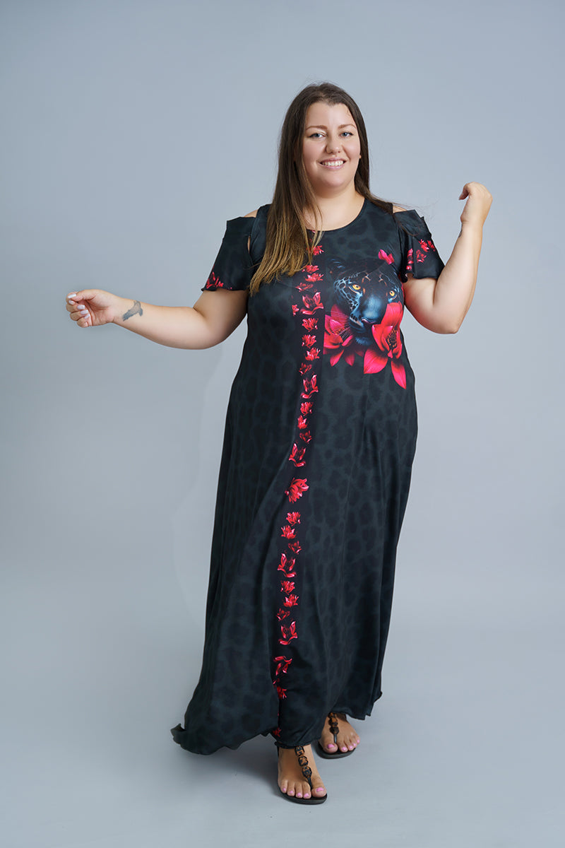 Дълга черна рокля с къс ръкав Елина