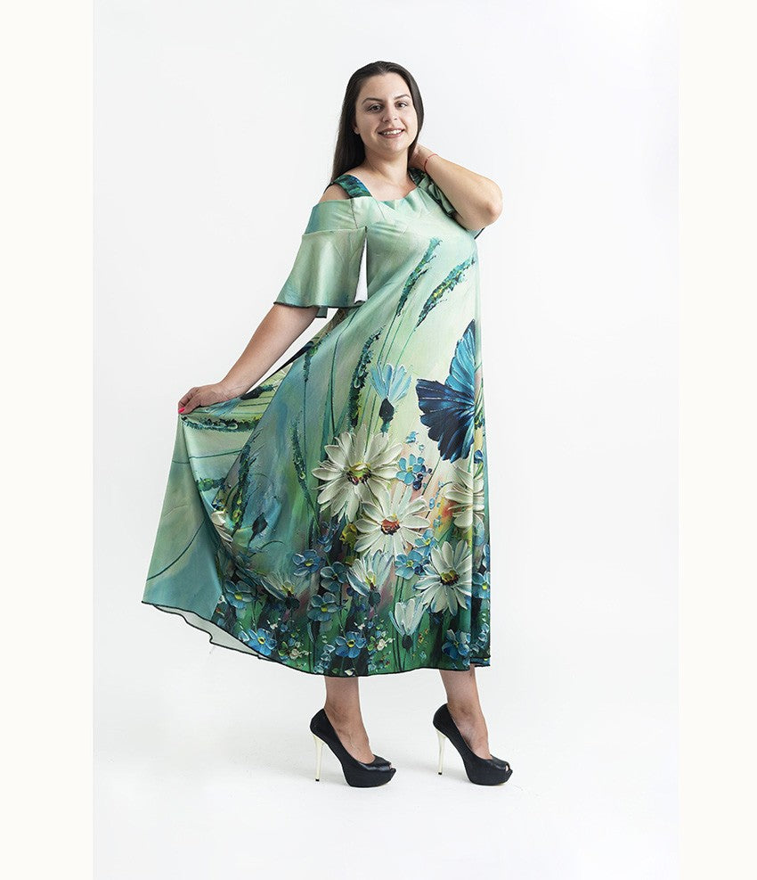 Дълга зелена рокля с къс ръкав Хилда