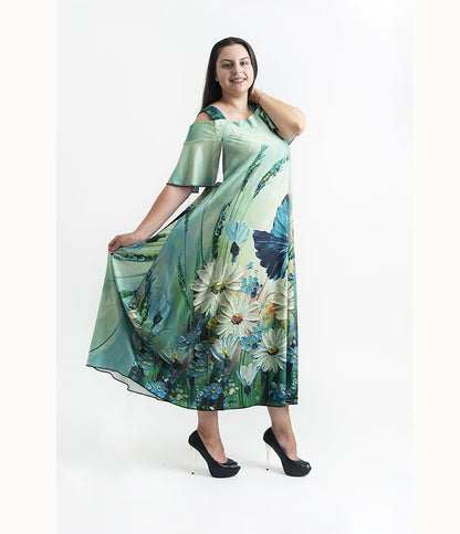 Дълга зелена рокля с къс ръкав Хилда