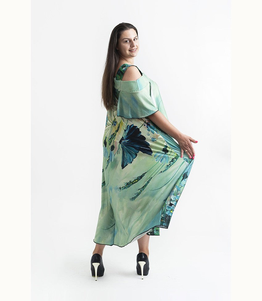 Дълга зелена рокля с къс ръкав Хилда