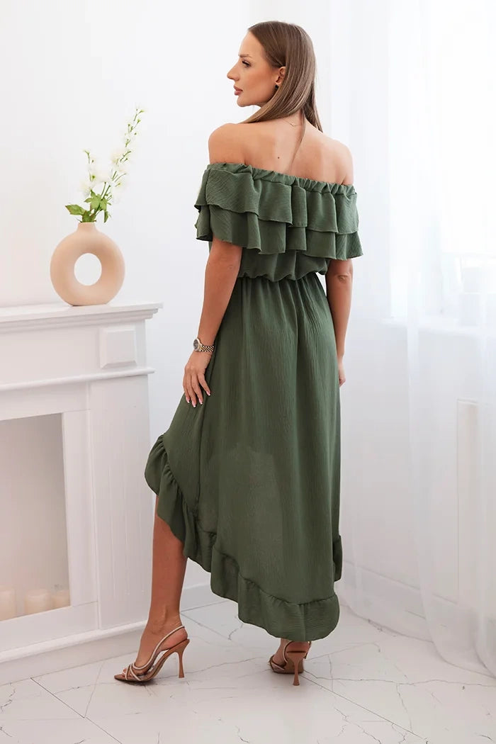 Дамска рокля с открити рамене и удължен гръб ИТ-77