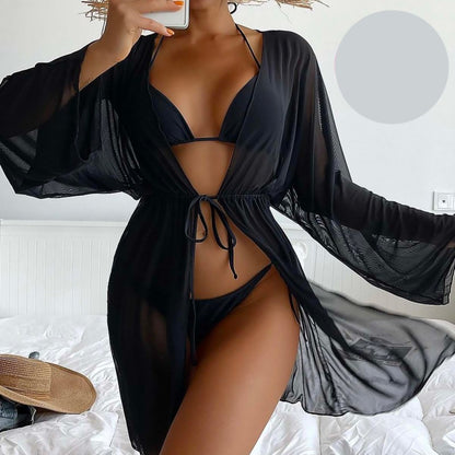 Прозрачно черно парео с дълъг ръкав MS-4363