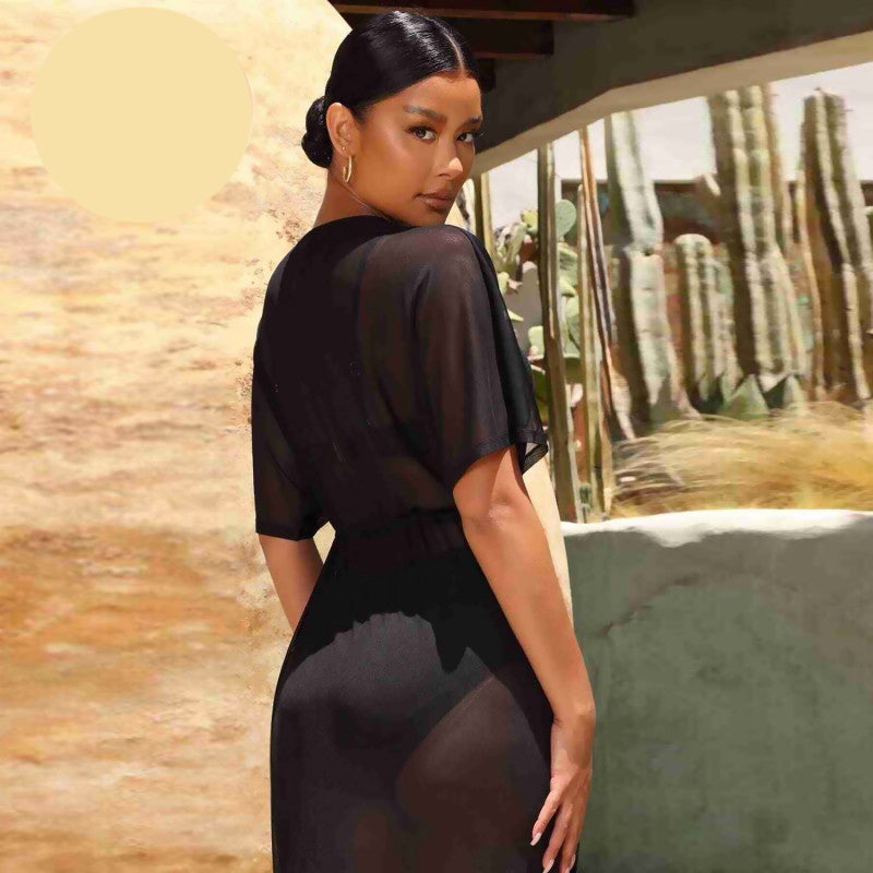 Дълго черно парео с къс ръкав MS-4400