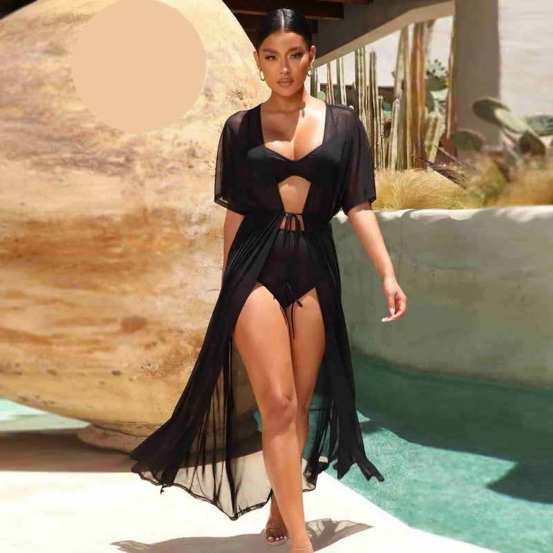 Дълго черно парео с къс ръкав MS-4400