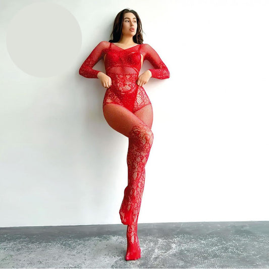 Червено мрежесто боди с камъчета и без дъно NL-5556