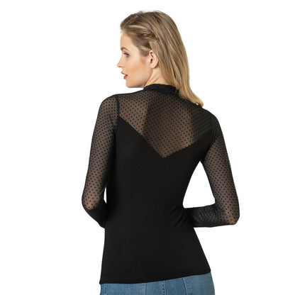 Черна блуза дълъг ръкав и деколте от тюл ON-26824