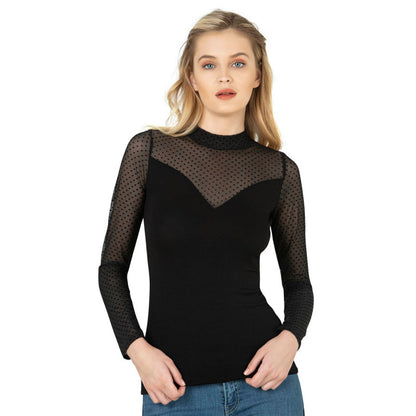 Черна блуза дълъг ръкав и деколте от тюл ON-26824