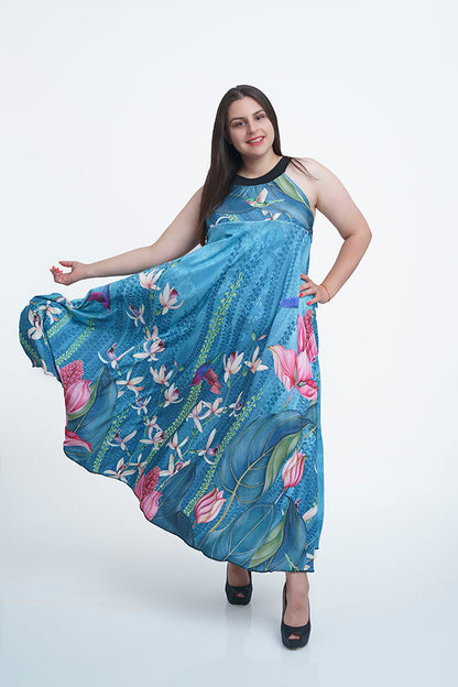 Дълга синя разкроена рокля Шаная