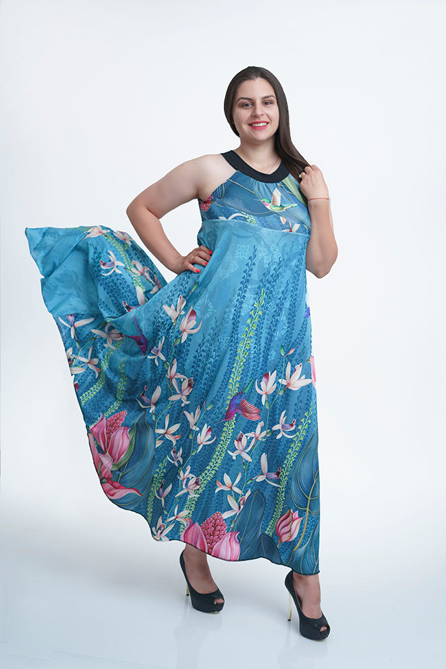 Дълга синя разкроена рокля Шаная