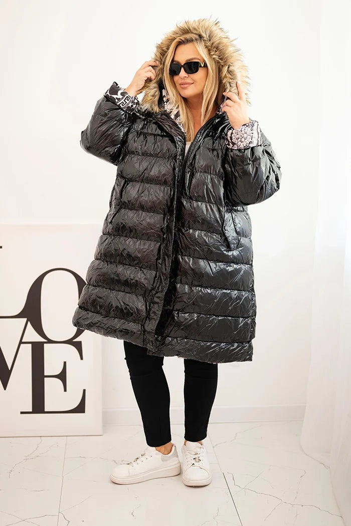 Дамско яке за големи размери с качулка и косъм, черно - ТР4